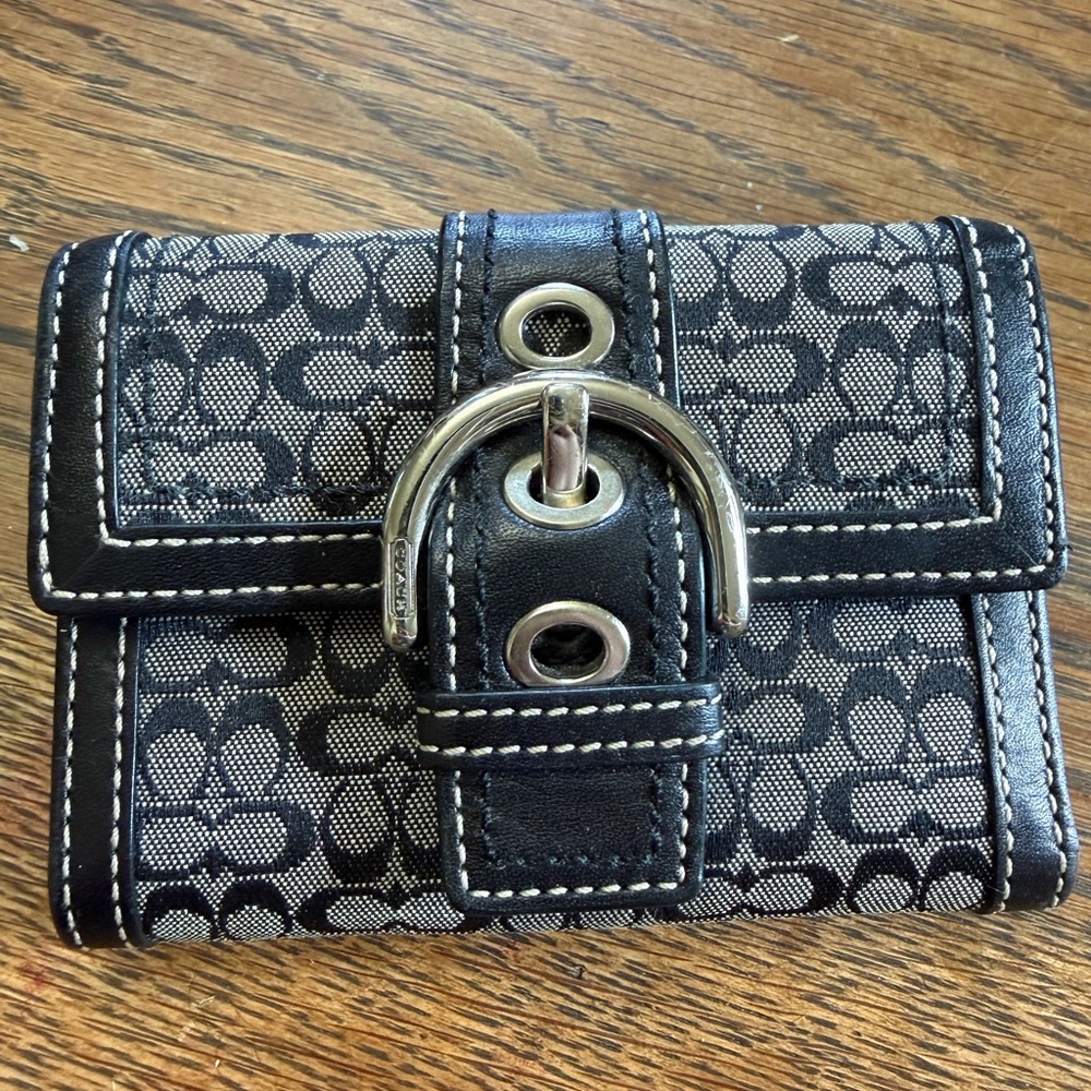 Coach Y2K Black and Grey Signature Detail Wallet with Silver Buckle